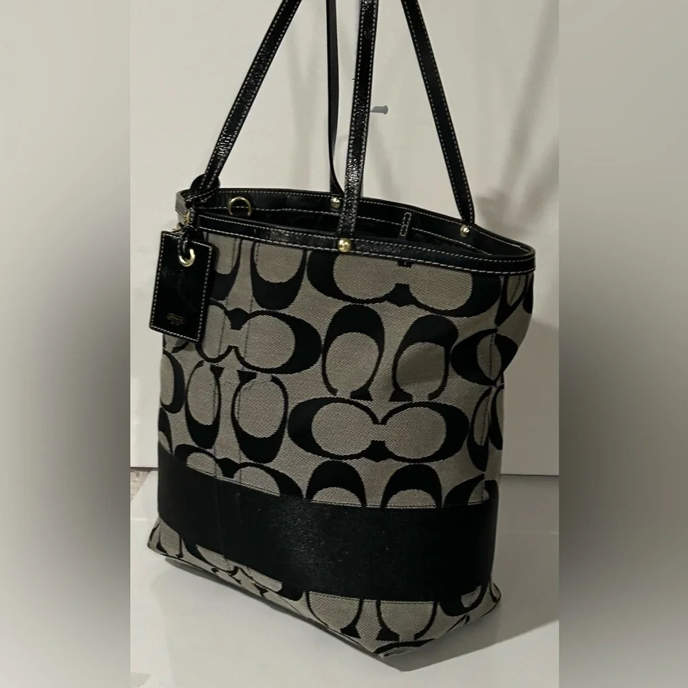 Coach Signature Black Gray Canvas Leather structured logo Shoulder Bag - Picture 7 of 16